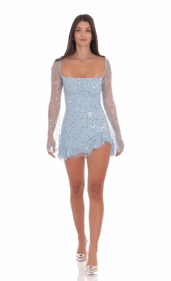 Sequin Flare Long Sleeve Dress in Light Blue