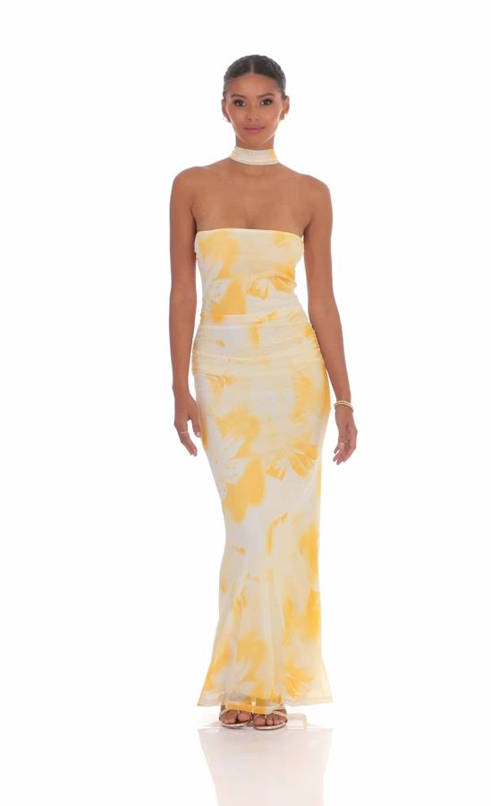 Scarf Mesh Floral Strapless Maxi Dress in Yellow