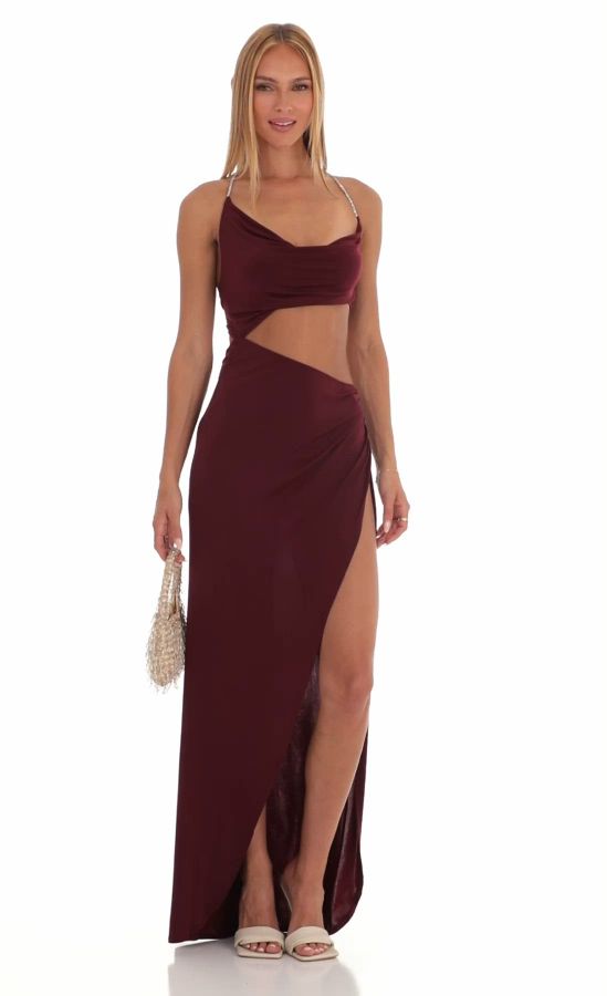 Garnet Shimmer Lace Strapless Wrap Dress in Maroon