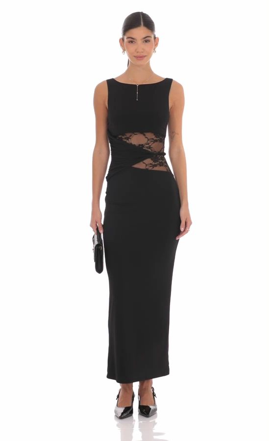 lace wrap dresses Plus Size Black Lace Wrap Long Sleeve Maxi Dress – Pluspreorder main image 0