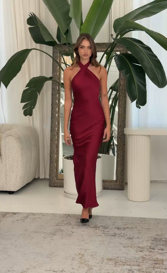 Satin Cross Halter Maxi Dress in Wine | LUCY IN THE SKY