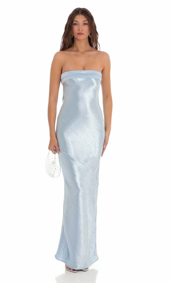 Nicholya Satin Pleated Strapless Maxi Dress in Royal Blue