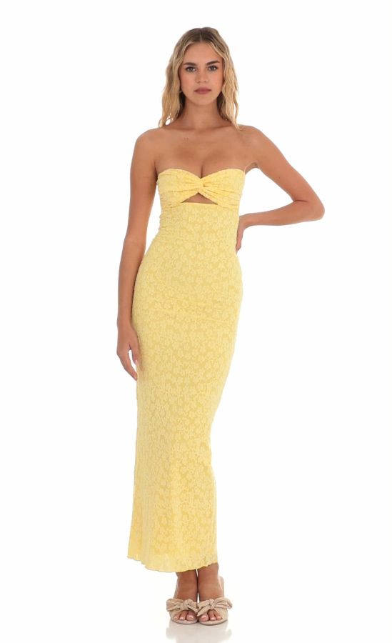 Strapless Textured Floral Twist Maxi Dress in Yellow | LUCY