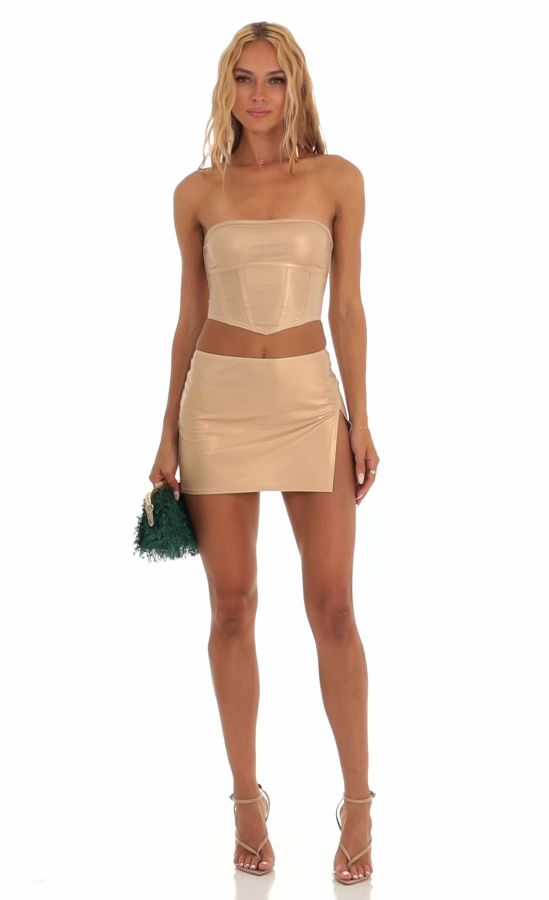 Faux Leather Two Piece Skirt Set in Gold