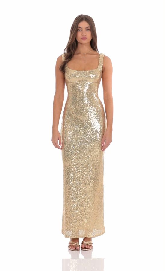 gold sequin maxi dress faux leather pleated short s / java
