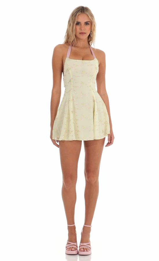 Halter Floral Embroidered Open Back Dress in Yellow | LUCY IN THE SKY