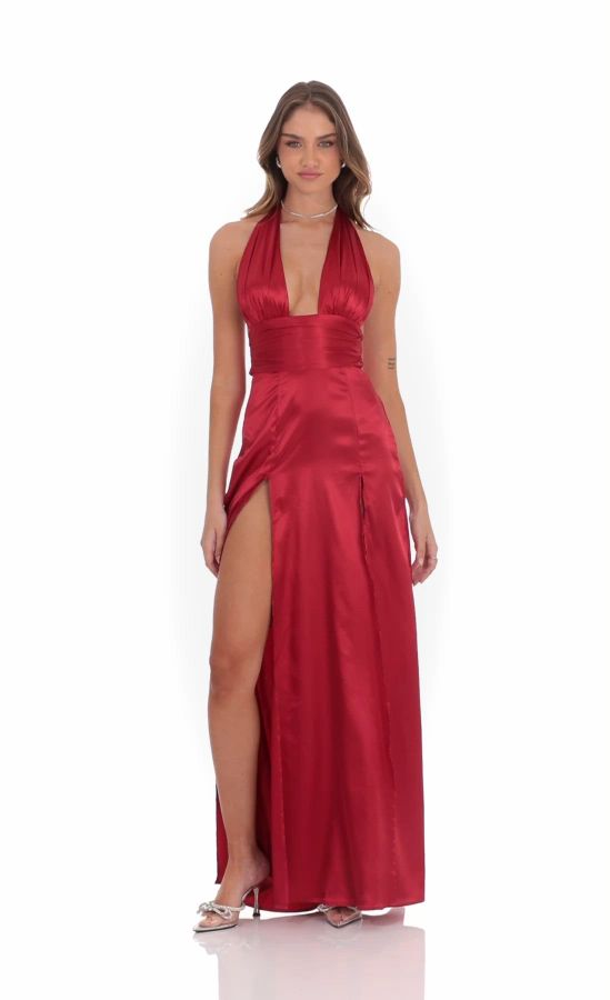 Satin Halter Maxi Dress In Red